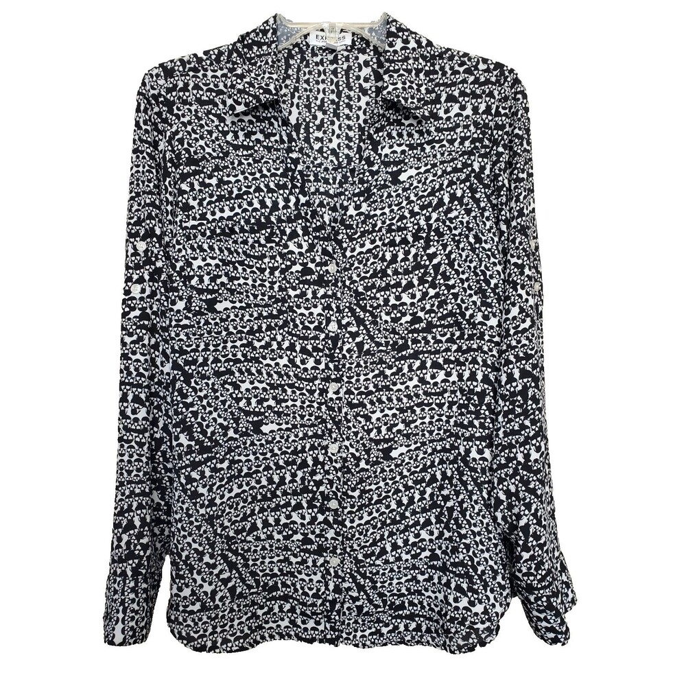 Express Portofino Skull Novelty Print Roll-Tab Sleeve Button-Up Top Size Medium